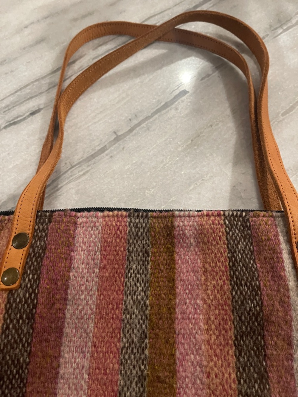 Striped Pink & Brown Woven Tote Bag with Leather Handles - Picture 3 of 4